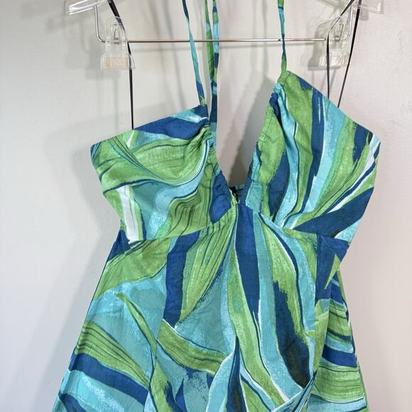H&M Green Blue Printed Halter V-Neck Midi Dress Size M A-line Spring Summer New - Picture 5 of 9